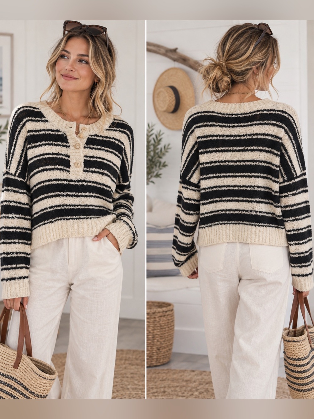 Striped Black & Cream Henley Fakk Coastal  Knit Sweater Small